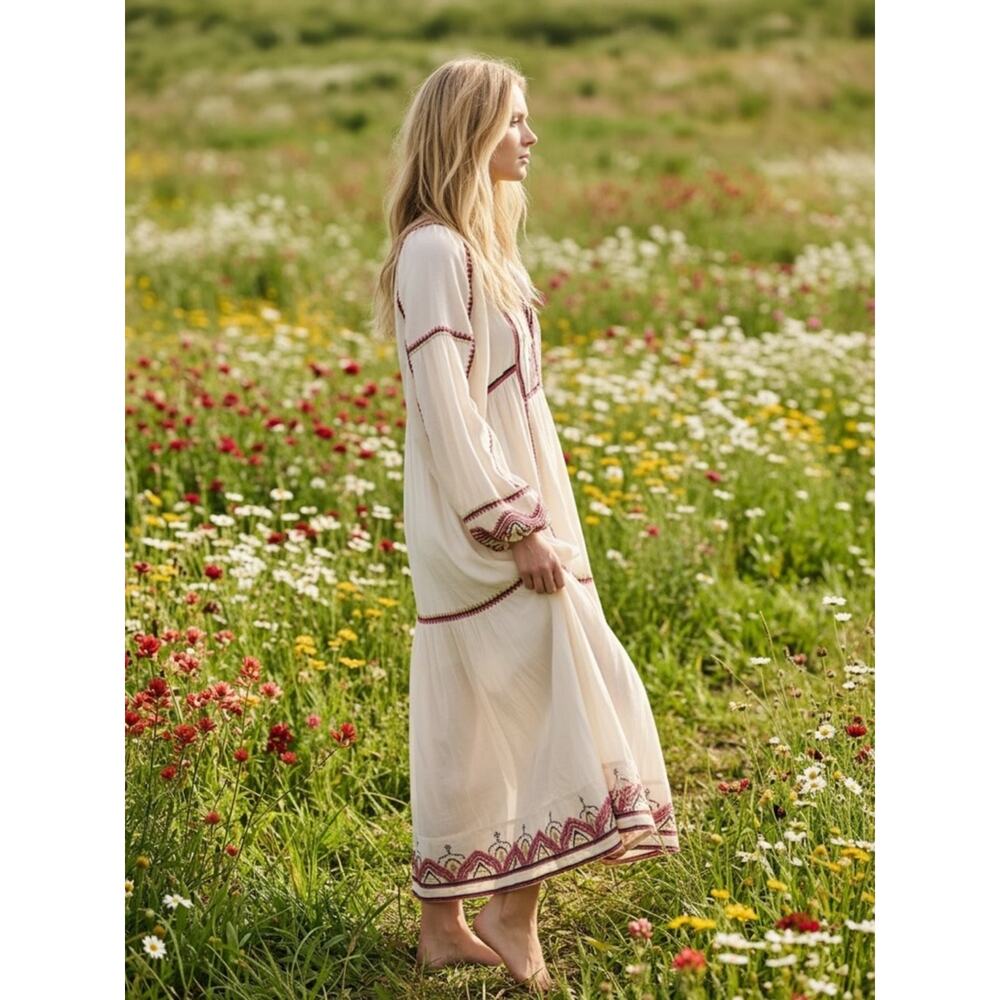 Free People Bohemian Embroidered Sweet Escape Midi Dress Size Medium - Picture 2 of 12